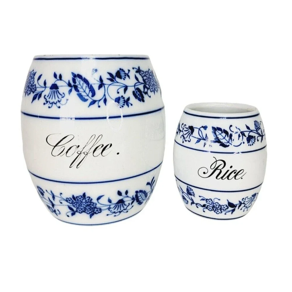 Antique German Porcelain Ceramic Blue & White Delft Round Coffee Jar Canister